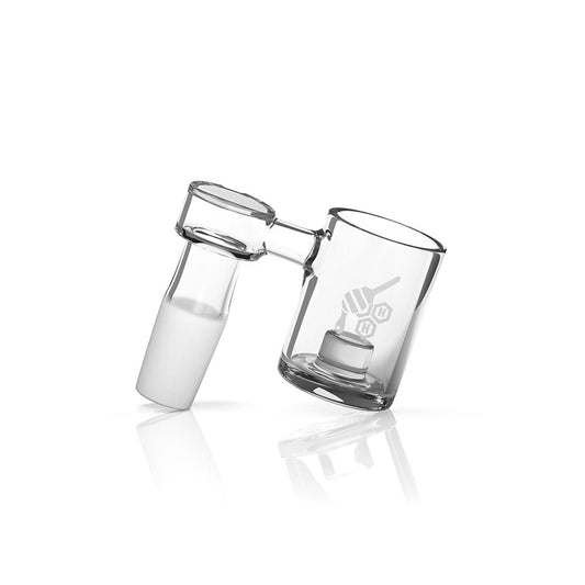 A side view of the CORE REACTOR SIDECAR QUARTZ BANGER - 90° DEGREE, displaying its clear quartz construction and angled design.