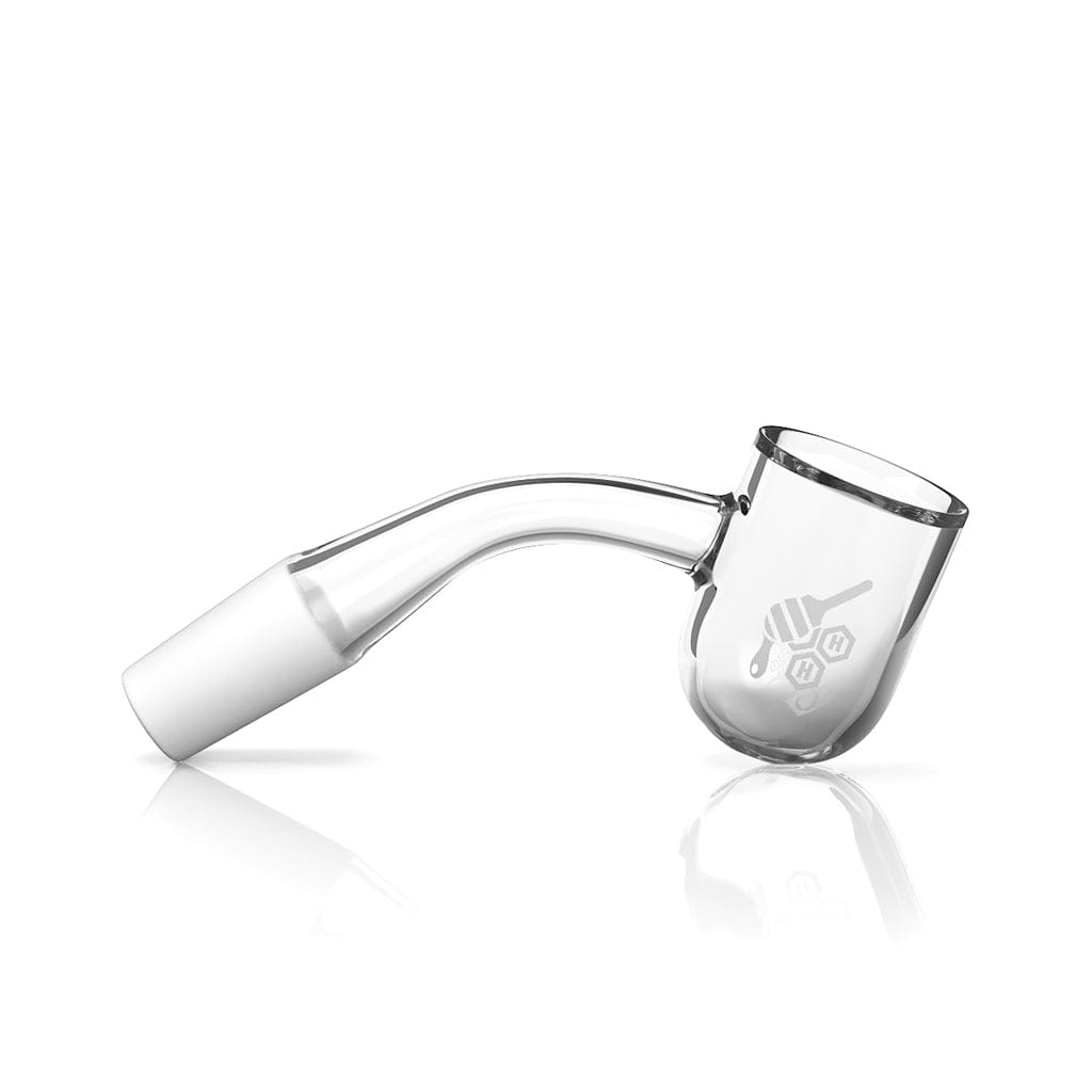 Angled side view of the Honey Bevel Bowl Quartz Banger - 45Â° Degree | Yl, a clear glass 45° quartz banger with a frosted 10mm male joint and subtle honey logo reflected on a white background.