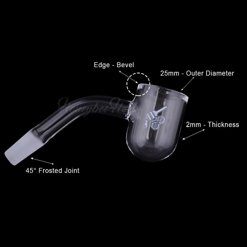 Angled close-up of the Honey Bevel Bowl Quartz Banger - 45Â° Degree | Yl showing the frosted 45° joint, rounded bowl and labeled 25mm rim on a black background