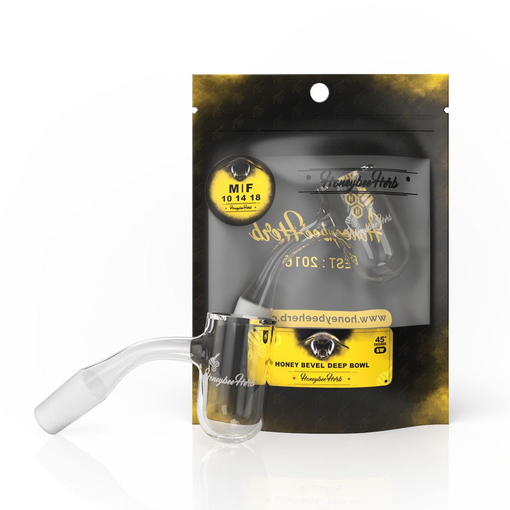 Front-facing close-up of the Honey Bevel Deep Bowl Quartz Banger - 45Â° Degree | Bl placed against its black and yellow branded pouch, showing the angled male joint and clear glass bowl.