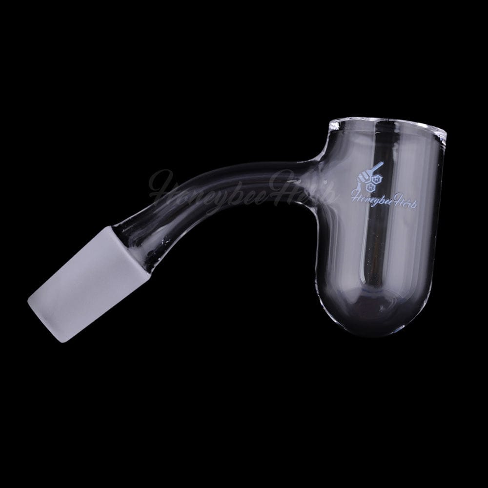 Side view of the Honey Bevel Deep Bowl Quartz Banger - 45Â° Degree | Bl showing its curved 45° neck and clear rounded bowl on black.