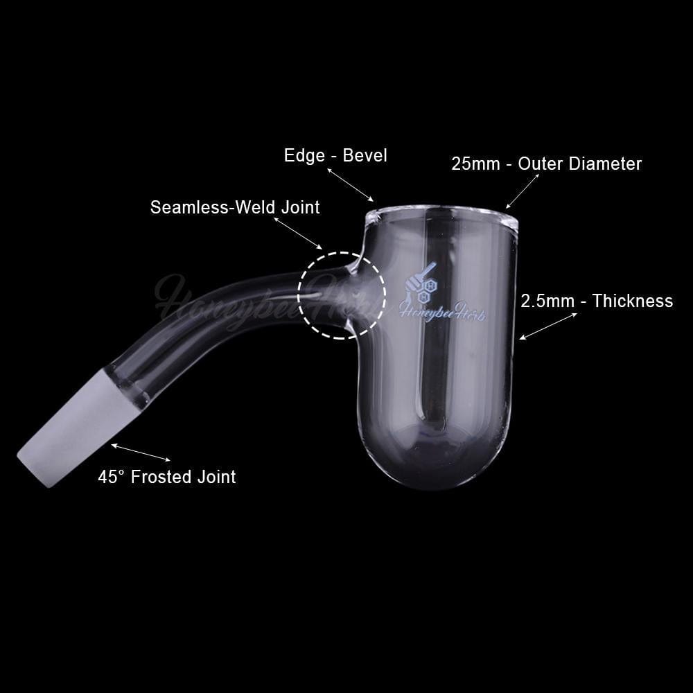 Close-up side view of the Honey Bevel Deep Bowl Quartz Banger - 45Â° Degree | Bl showing the clear glass bowl, curved 45° frosted joint, and labeled dimensions on a black background
