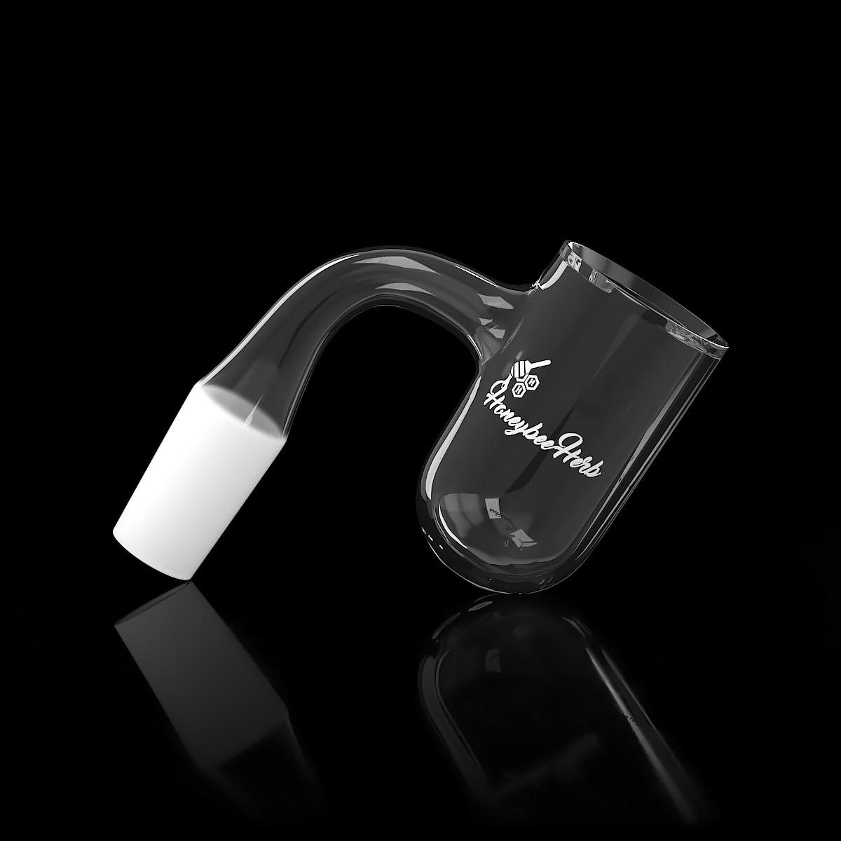 Angled close-up of the Honey Bevel Deep Bowl Quartz Banger - 90° Degree | Bl showing its curved glass arm and white frosted joint on black.
