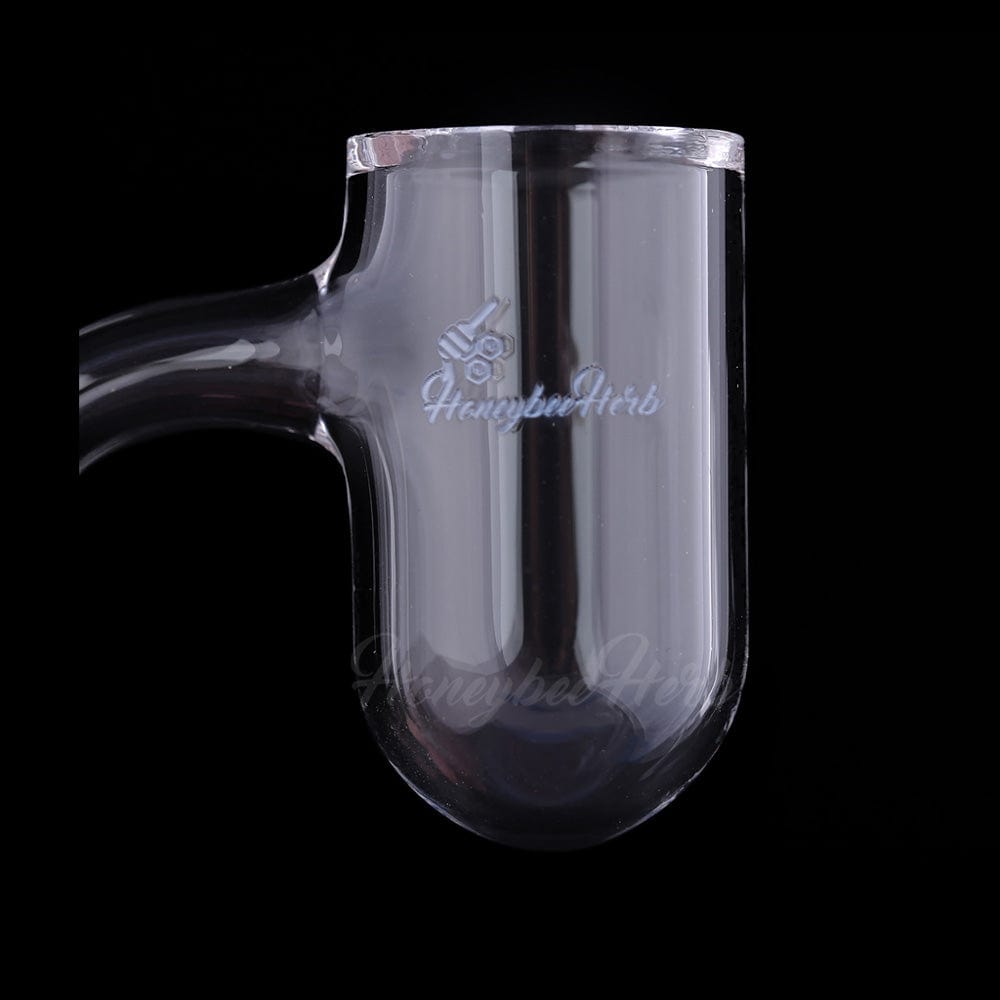Close-up side view of the Honey Bevel Deep Bowl Quartz Banger - 90Â° Degree | Bl showing its clear rounded quartz cup and short angled neck against a black background.