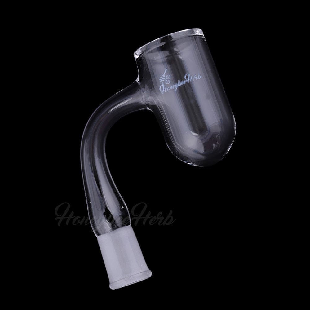 Angled close-up of the Honey Bevel Deep Bowl Quartz Banger - 90Â° Degree | Bl showing its clear curved neck and rounded deep bowl against a black background
