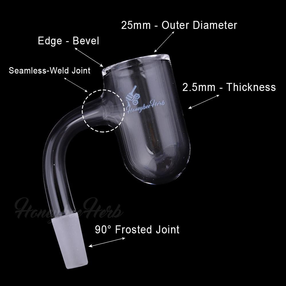 Angled close-up of the Honey Bevel Deep Bowl Quartz Banger - 90Â° Degree | Bl showing the curved 90° frosted joint, beveled lip, and transparent bulb against a black background