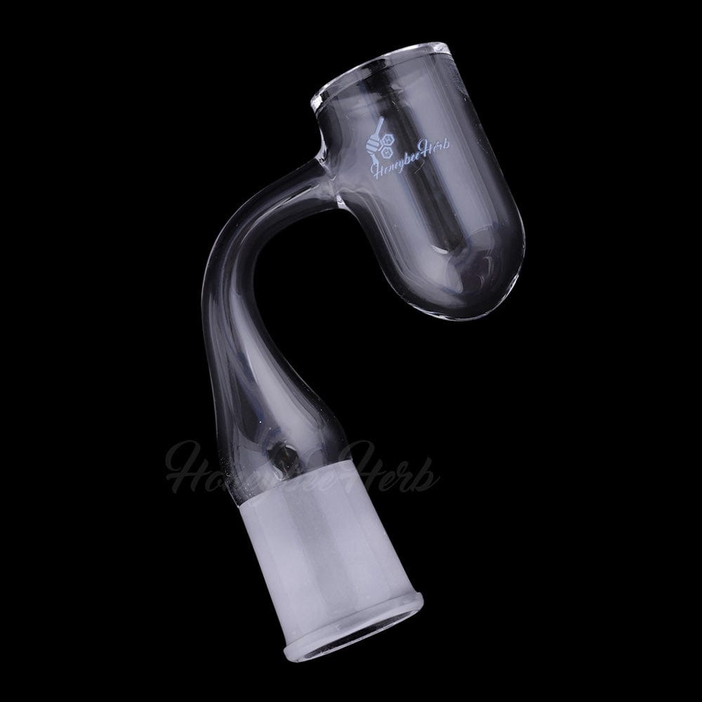 Angled close-up of the Honey Bevel Deep Bowl Quartz Banger - 90° Degree | Bl showing its clear bent neck and rounded bowl against black.