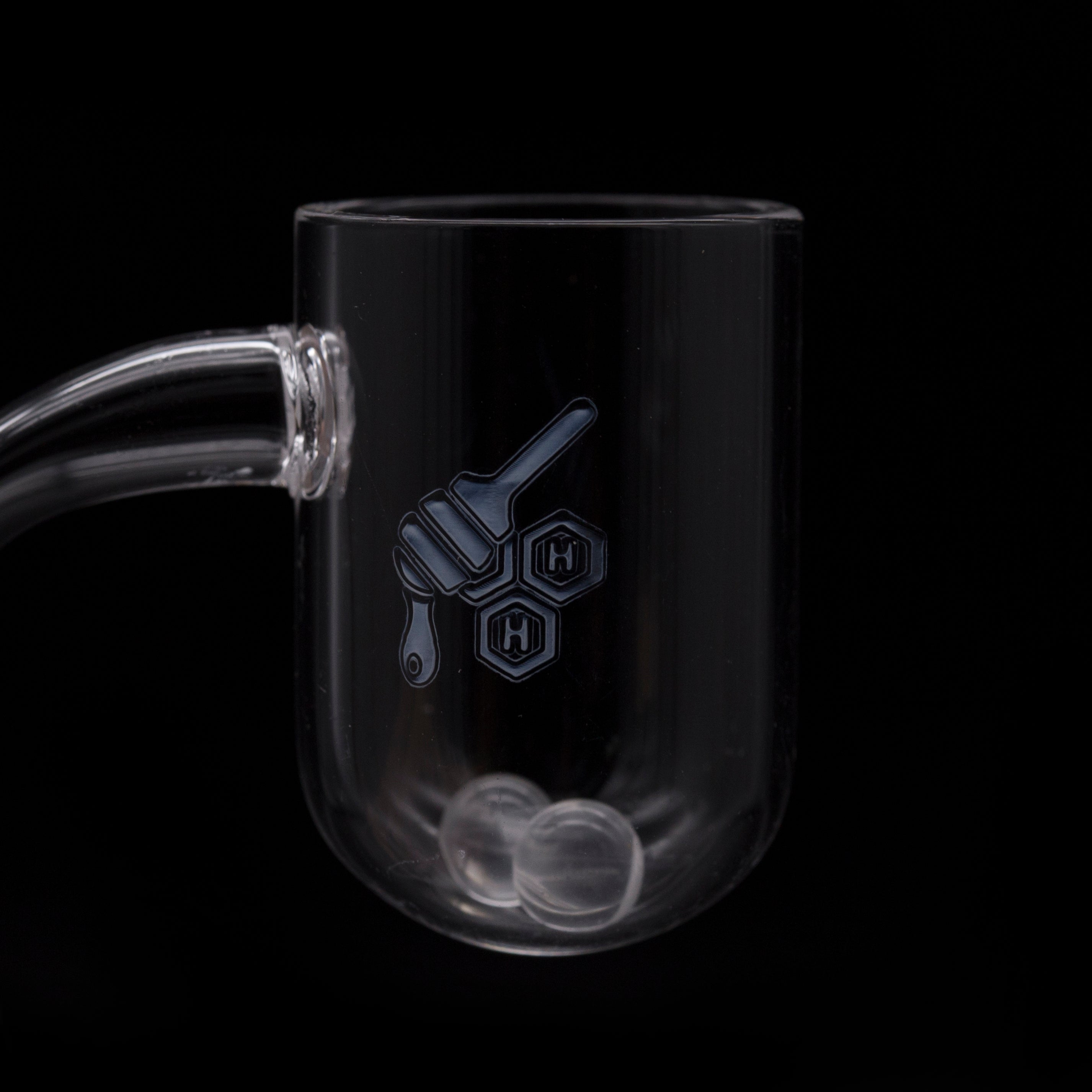 A close-up, angled view of the HONEY CYCLONE QUARTZ BANGER - 90° DEGREE, showing its clear quartz construction and rounded shape.