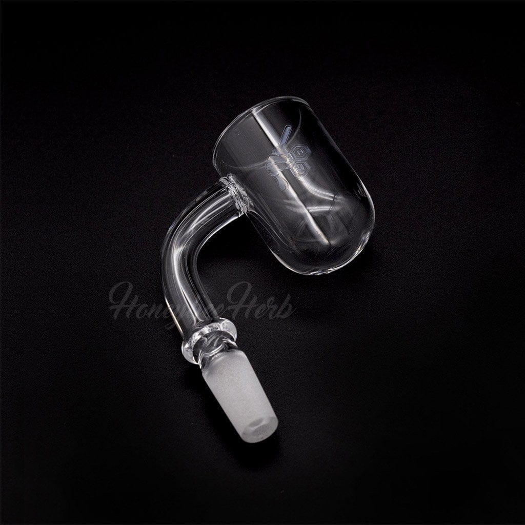 A close-up, angled view of the HONEY CYCLONE QUARTZ BANGER - 90° DEGREE, showcasing its clear quartz construction and distinct 90-degree bend.