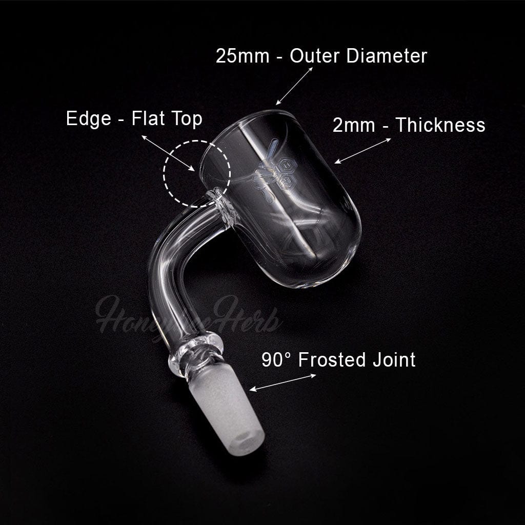 A close-up, angled view of the HONEY CYCLONE QUARTZ BANGER - 90° DEGREE  YL, showcasing its polished quartz construction and joint connection.