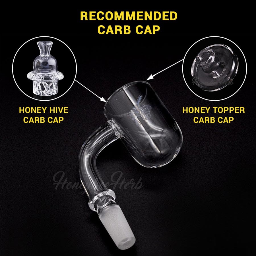 Close-up shot of the HONEY CYCLONE QUARTZ BANGER - 90° DEGREE, showing its angled quartz cup against a dark backdrop.