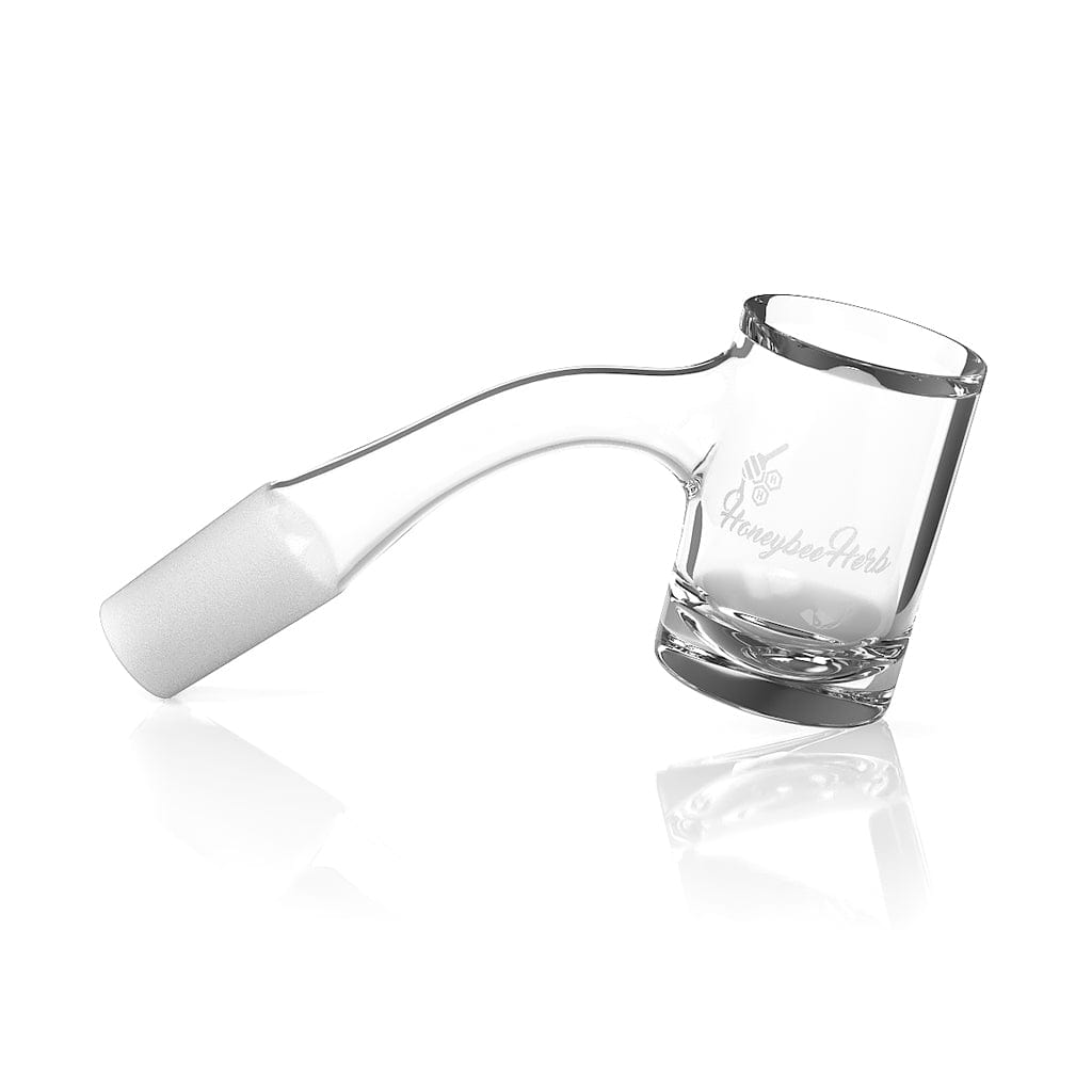 Angled close-up of the Honey Hybrid Quartz Banger - 45Â° Degree | Bl showing its clear glass cup and curved neck with a frosted 10mm male joint on a white background