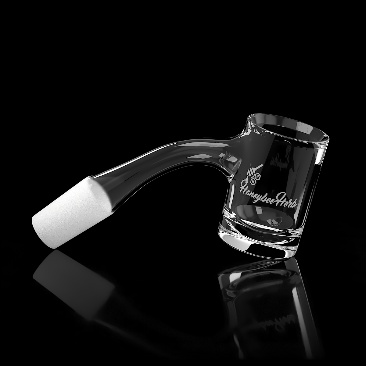 Angled close-up of the Honey Hybrid Quartz Banger - 45Â° Degree | Bl showing its clear bent neck and white 14mm male joint against a reflective black background