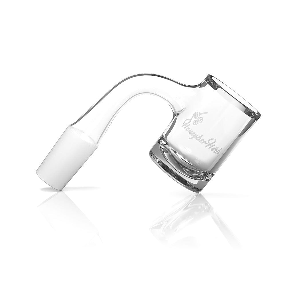 Angled side view of the Honey Hybrid Quartz Banger - 90Â° Degree | Bl showing its clear glass bucket and curved neck with the HoneyberHerb logo visible.