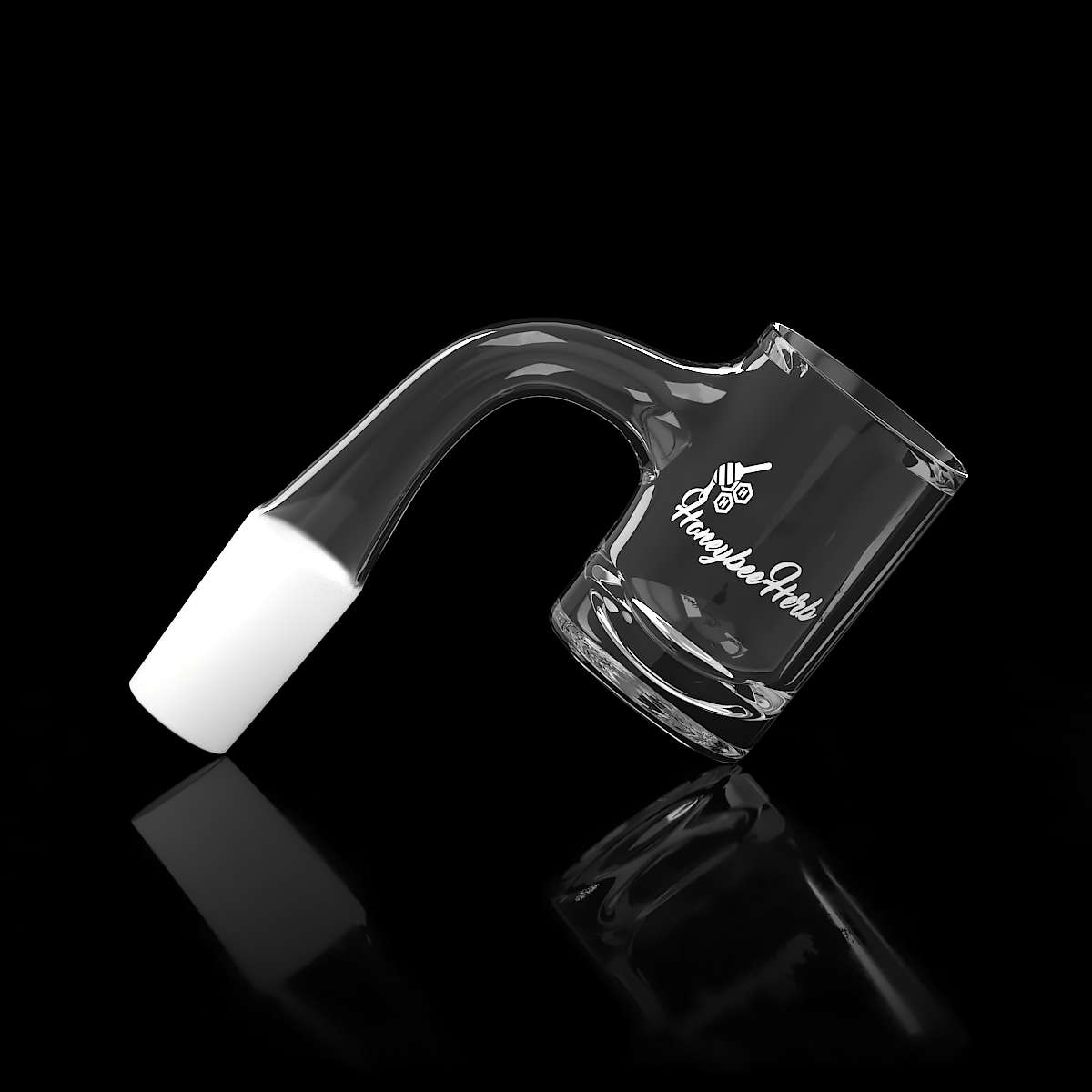 Angled close-up of the Honey Hybrid Quartz Banger - 90Â° Degree | Bl showing a clear glass 90-degree joint and bucket with white logo on a reflective black background