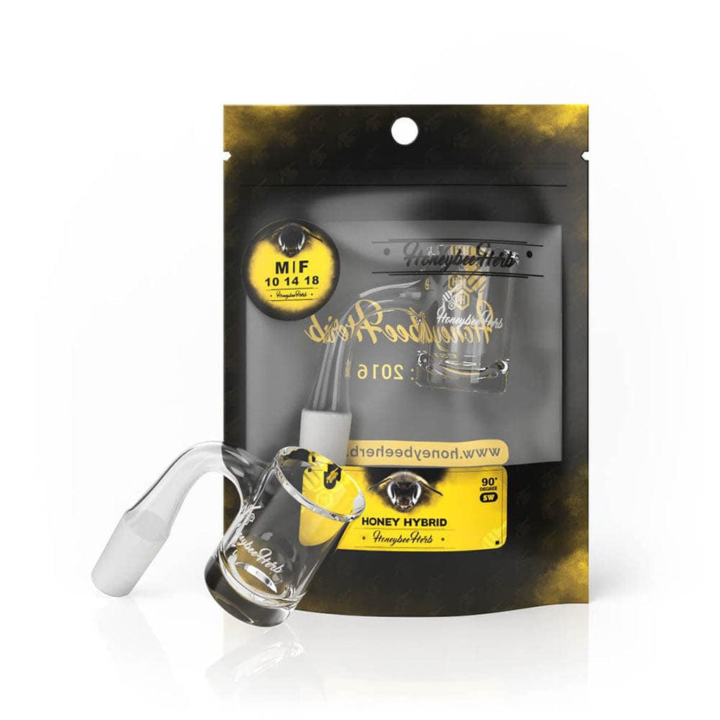 Front three-quarter view of the Honey Hybrid Quartz Banger - 90Â° Degree | Bl 14mm female banger resting against its black and yellow branded pouch on a white background.