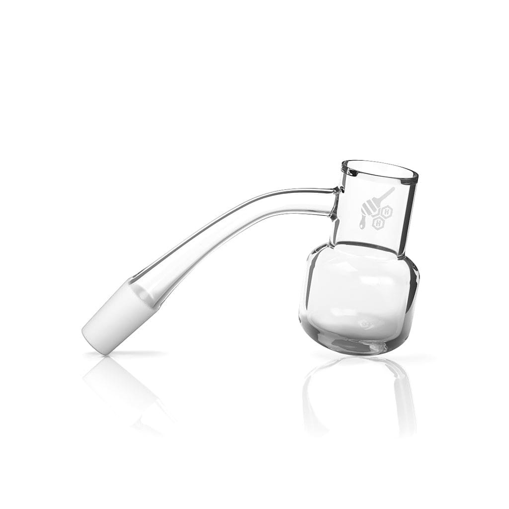 A 45-degree angled view of the Honey Kettle Quartz Banger, showcasing its clear quartz construction and reflective surface.
