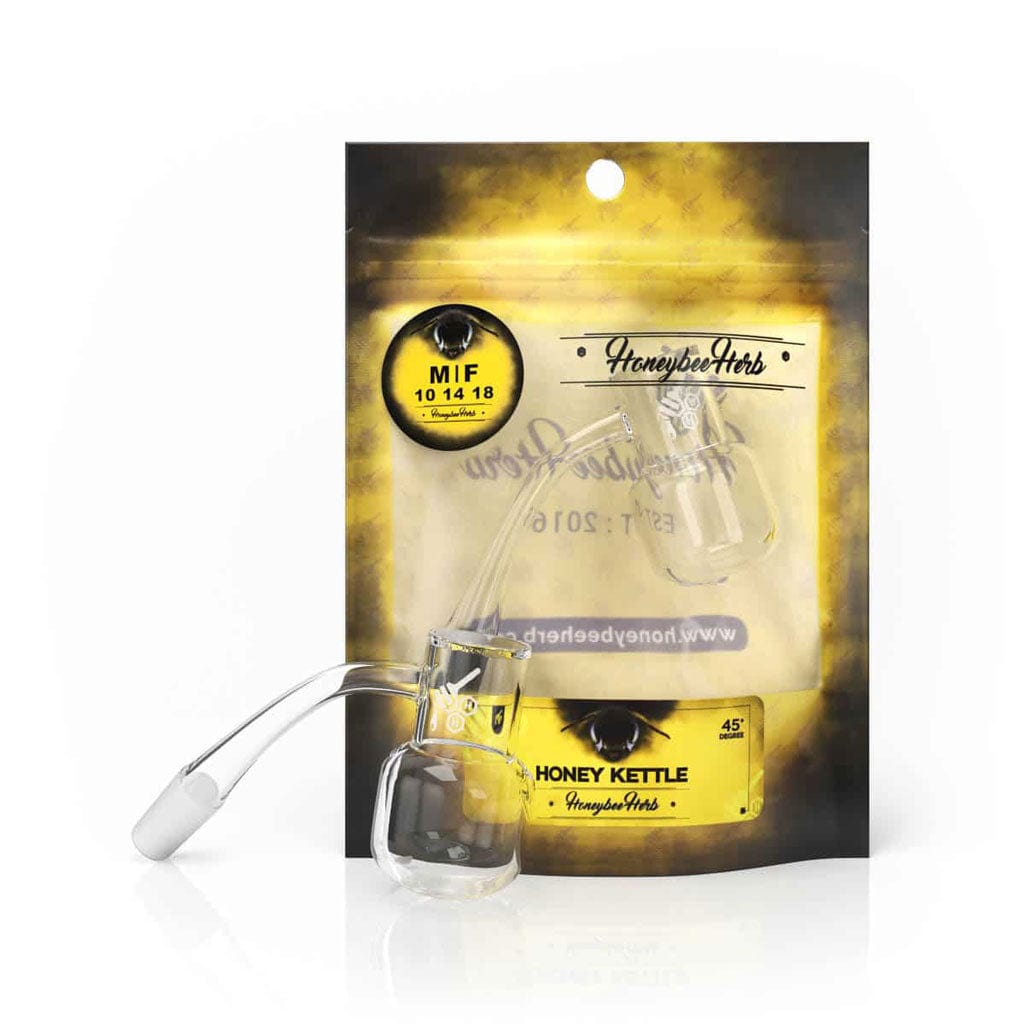 A close-up, angled view of the HONEY KETTLE QUARTZ BANGER, showcasing its clear quartz construction and 45-degree angle.