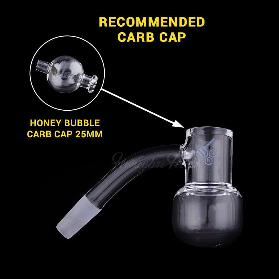 A close-up, angled view of the HONEY KETTLE QUARTZ BANGER, showcasing its reflective surface and 45-degree angle against a dark background.