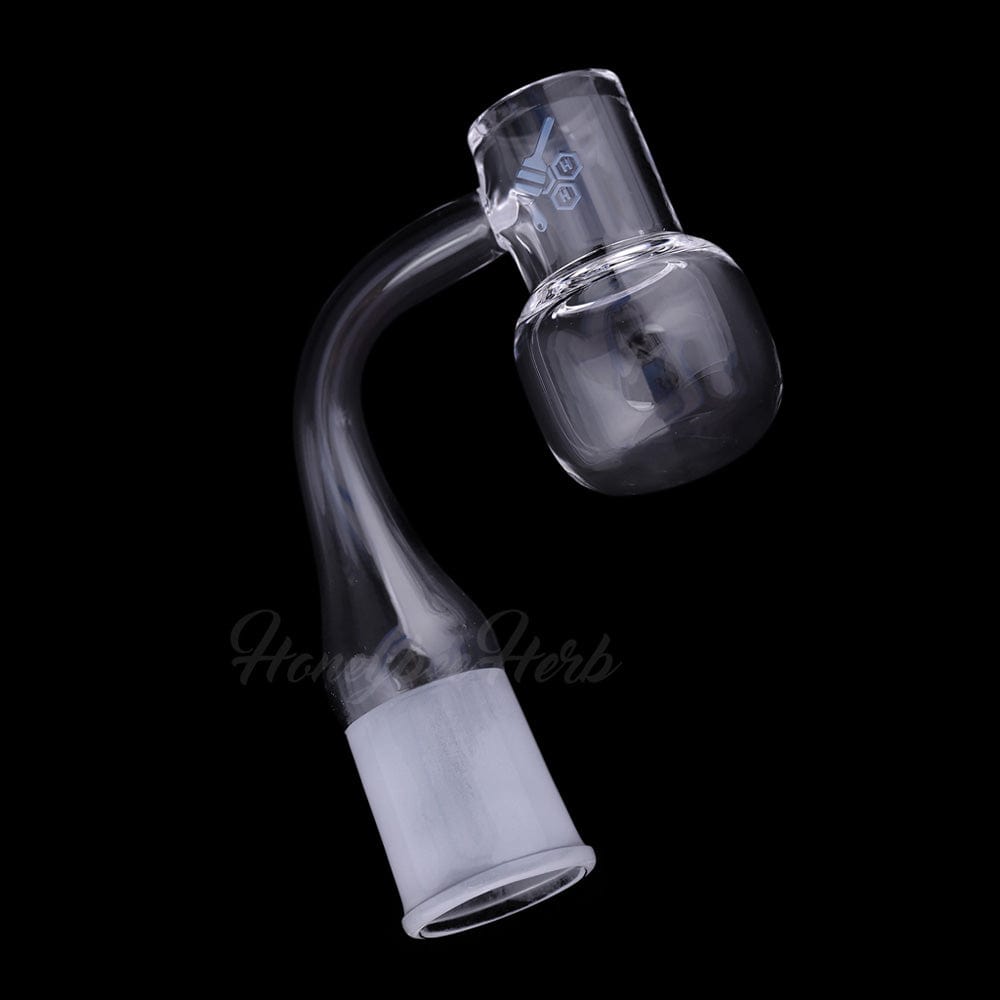 Angled close-up of the Honey Kettle Quartz Banger - 90° Degree | Yl showing its curved neck, frosted joint, and clear rounded banger against a black background