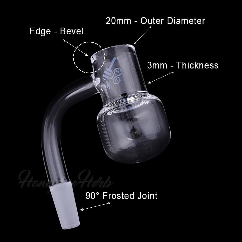 Angled close-up of the Honey Kettle Quartz Banger - 90Â° Degree | Yl showing the clear 90° frosted joint and rounded banger cup against a black background.