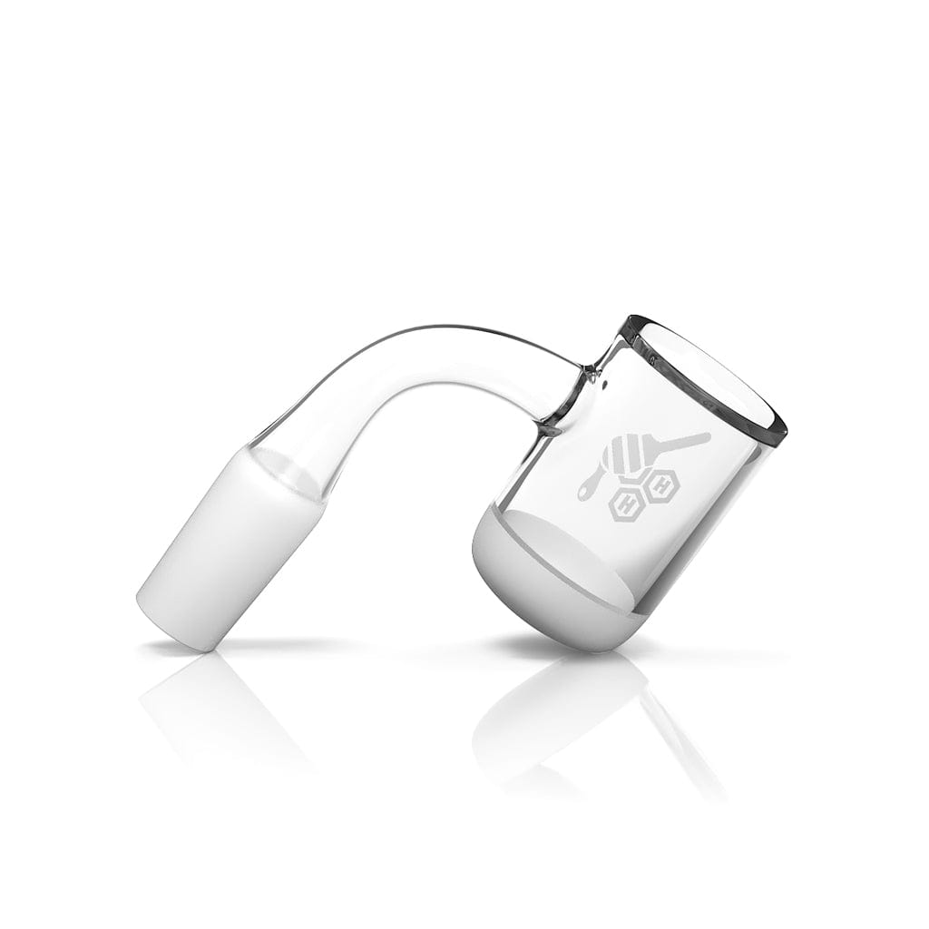 A slightly angled, close-up view of the HONEY & MILK BEVEL BOWL QUARTZ BANGER, showcasing its 90° degree bend and clear quartz material.
