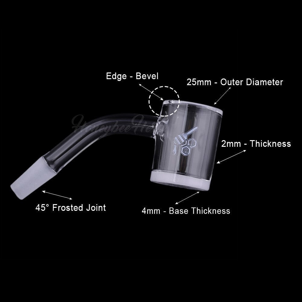 A 45-degree angled view of the HONEY & MILK BEVEL QUARTZ BANGER, displaying its smooth, reflective surface against a dark backdrop.
