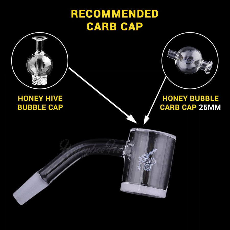 A 45-degree angled view of the HONEY & MILK BEVEL QUARTZ BANGER, showcasing its clear quartz construction against a black backdrop.