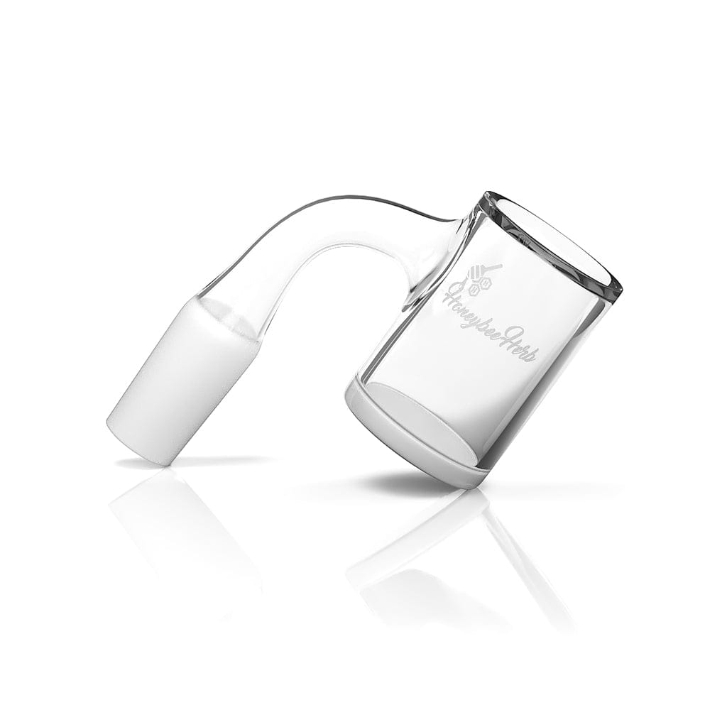 Angled close-up of the Honey & Milk Bevel Quartz Banger- 90Â° Degree | Bl showing its clear glass joint and bucket with subtle logo and reflective shadow.