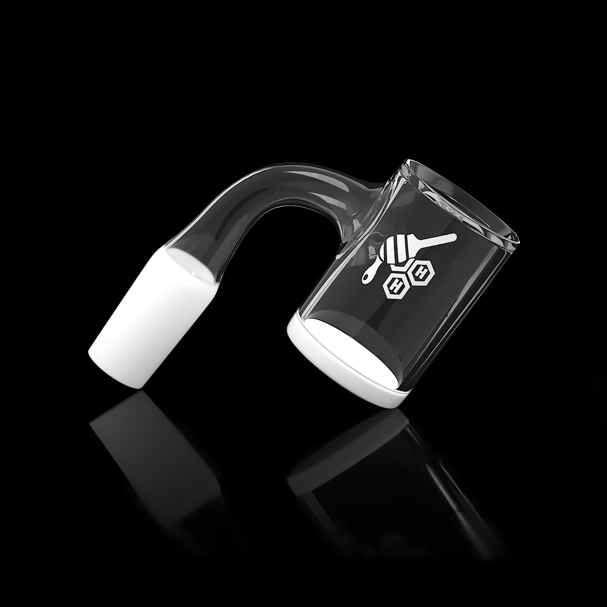 Angled close-up of the Honey & Milk Bevel Quartz Banger- 90Â° Degree | Bl showing a clear 90-degree tubular joint and beveled quartz bucket with white accents against a black reflective background