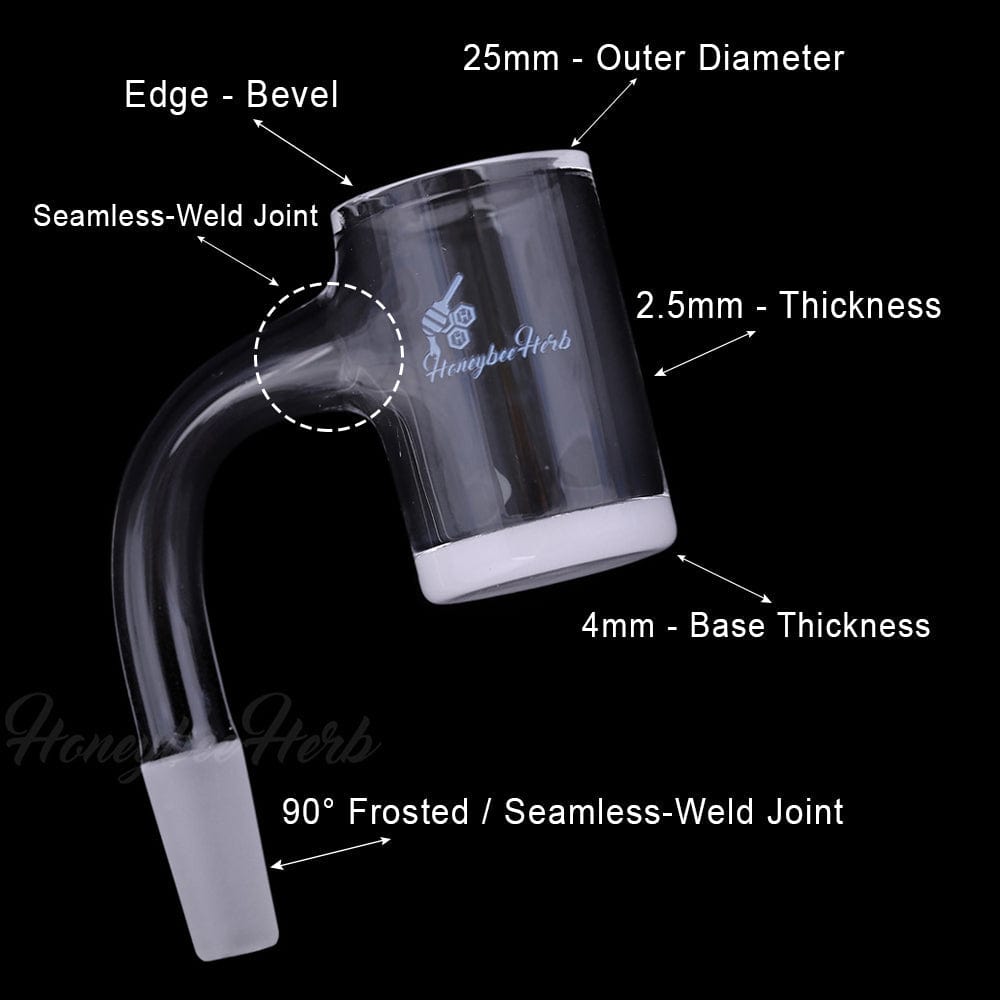 Angled close-up of the Honey & Milk Bevel Quartz Banger- 90Â° Degree | Bl showing the 90° frosted joint, beveled rim, and labeled thickness measurements on a black background