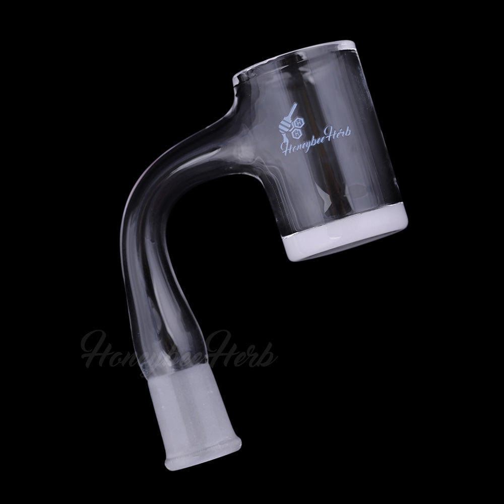 Angled close-up of the Honey & Milk Bevel Quartz Banger- 90Â° Degree | Bl showing its curved neck and frosted joint against black.