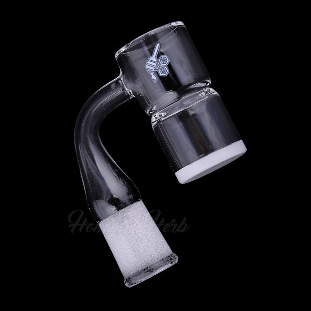 Angled close-up of the HONEY & MILK BEVEL SPLASH BUCKET QUARTZ BANGER - 90Â° DEGREE | YL showing its curved neck, clear quartz bucket and white frosted joint against a black background