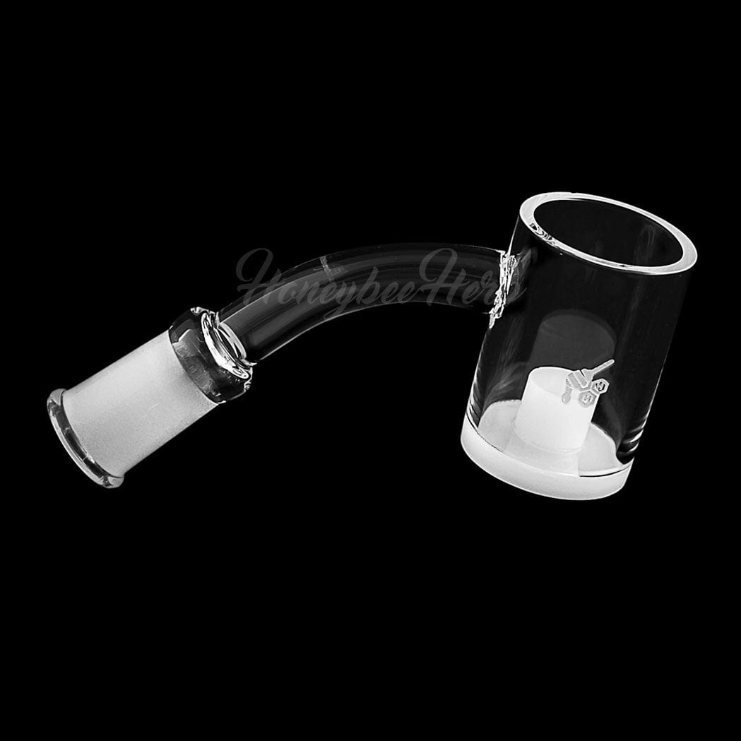 Angled close-up of the HONEY & MILK CORE REACTOR QUARTZ BANGER - 45Â° DEGREE | YL showing its curved 45° joint and clear cylindrical bucket against a black background