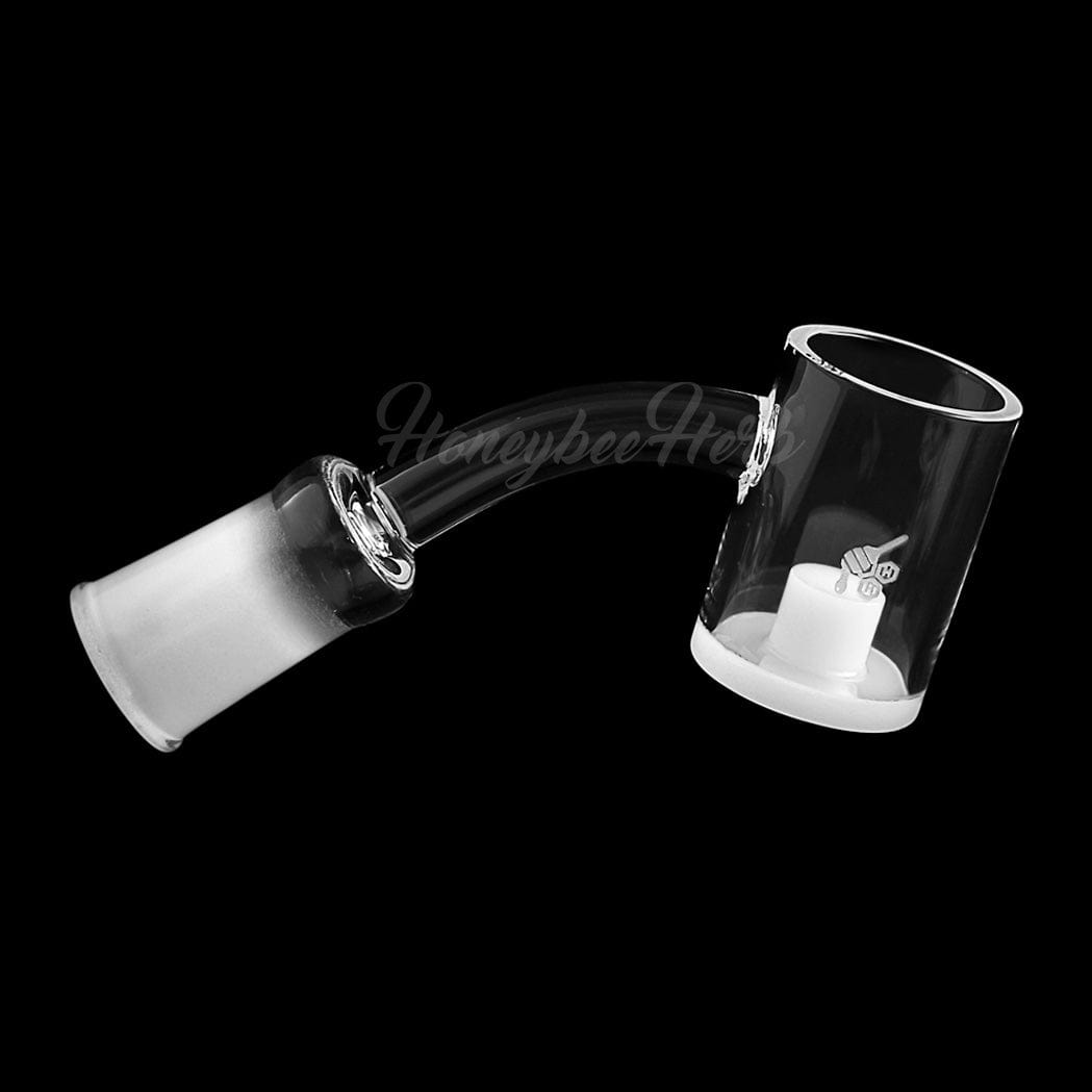 Angled close-up of the HONEY & MILK CORE REACTOR QUARTZ BANGER - 45° DEGREE | YL showing its curved stem and clear quartz bucket on black background
