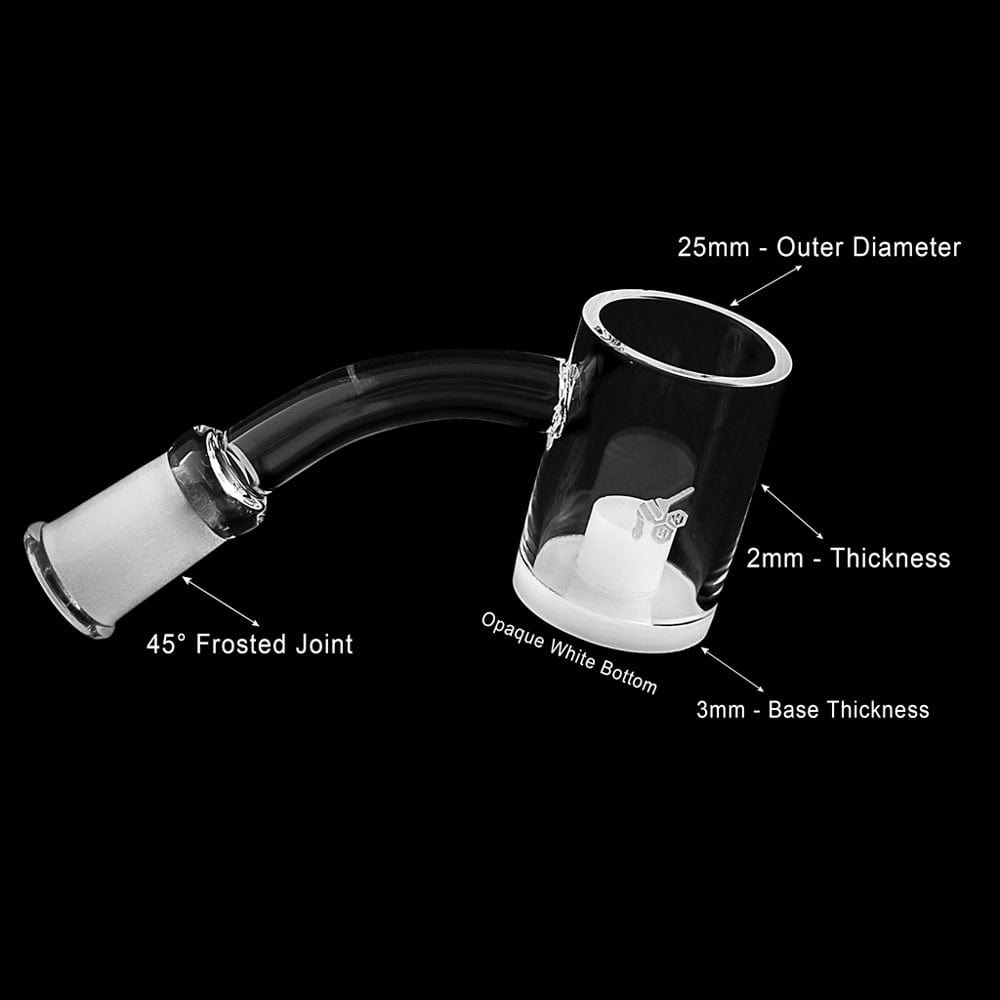 Angled close-up of the HONEY & MILK CORE REACTOR QUARTZ BANGER - 45Â° DEGREE | YL showing its 45° frosted joint, clear curved neck, and labeled 25mm rim on a black background