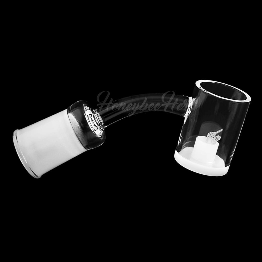 Curved side view of the HONEY & MILK CORE REACTOR QUARTZ BANGER - 45Â° DEGREE | YL showing the clear quartz bucket and frosted joint against a black background
