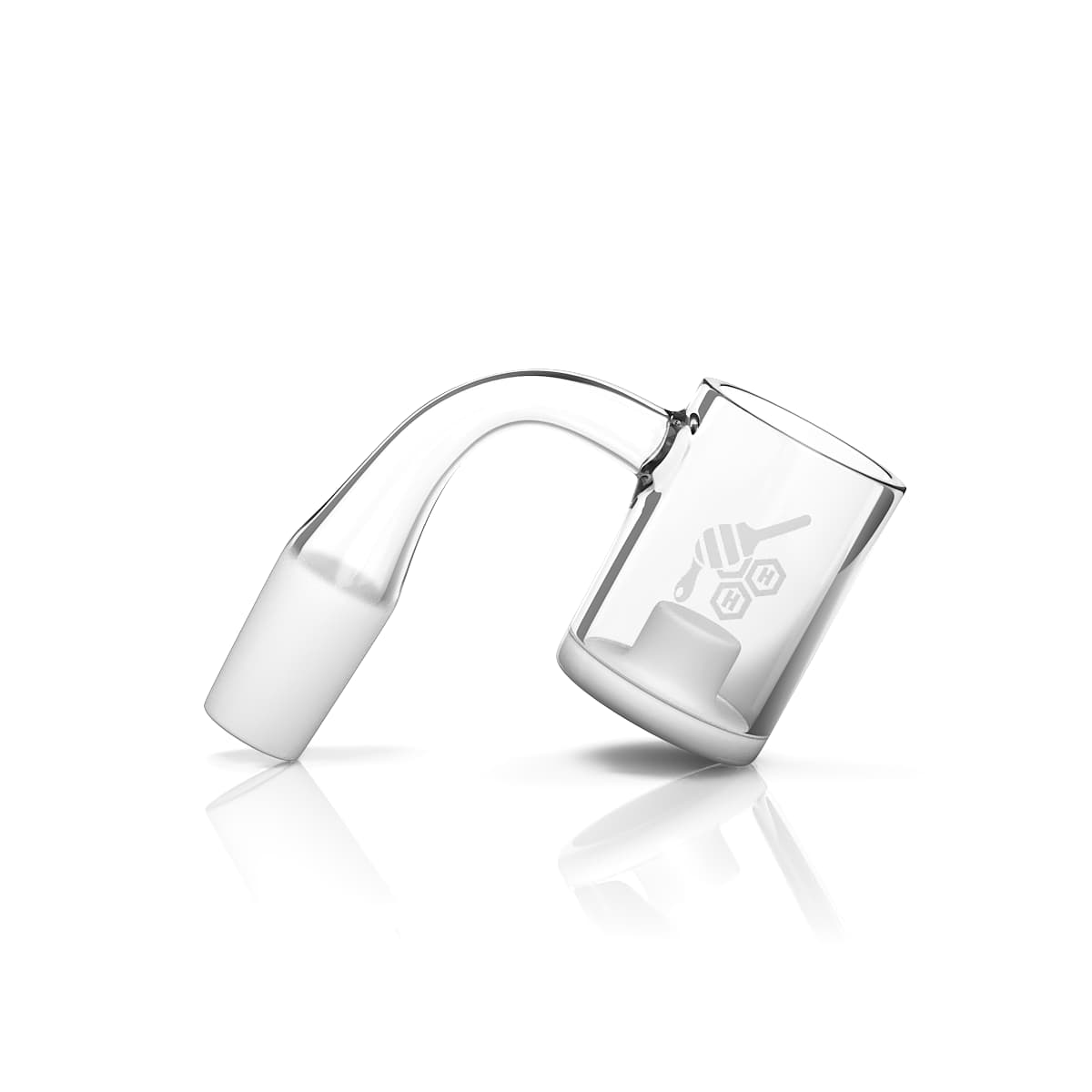 A three-quarter view showcases the HONEY & MILK CORE REACTOR QUARTZ BANGER with a 90-degree angle, reflecting light on its clear surface.