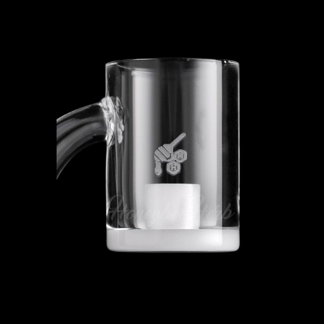 A studio shot of the HONEY & MILK CORE REACTOR QUARTZ BANGER with a 90-degree angle, showing its clear glass construction.