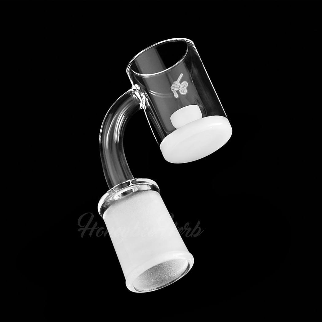 A close-up, angled view of the HONEY & MILK CORE REACTOR QUARTZ BANGER - 90° DEGREE  YL, showcasing its reflective, white quartz interior.