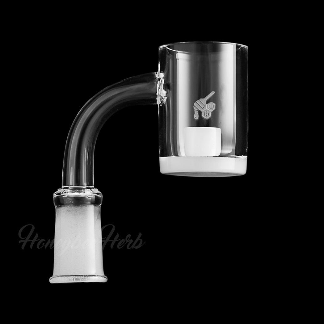 A close-up, angled view of the Honey & Milk Core Reactor Quartz Banger, showcasing its 90-degree design and clear quartz material.