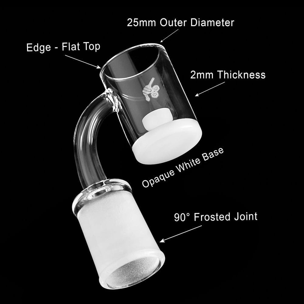 A close-up, angled view of the HONEY & MILK CORE REACTOR QUARTZ BANGER, showcasing the 90-degree joint and clear quartz material.