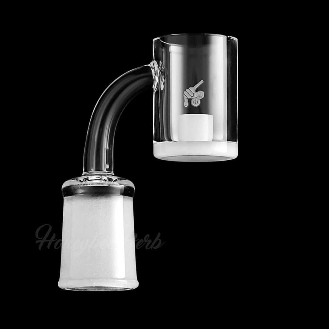 A side view of the HONEY & MILK CORE REACTOR QUARTZ BANGER, showing its 90-degree angle and clear quartz construction.