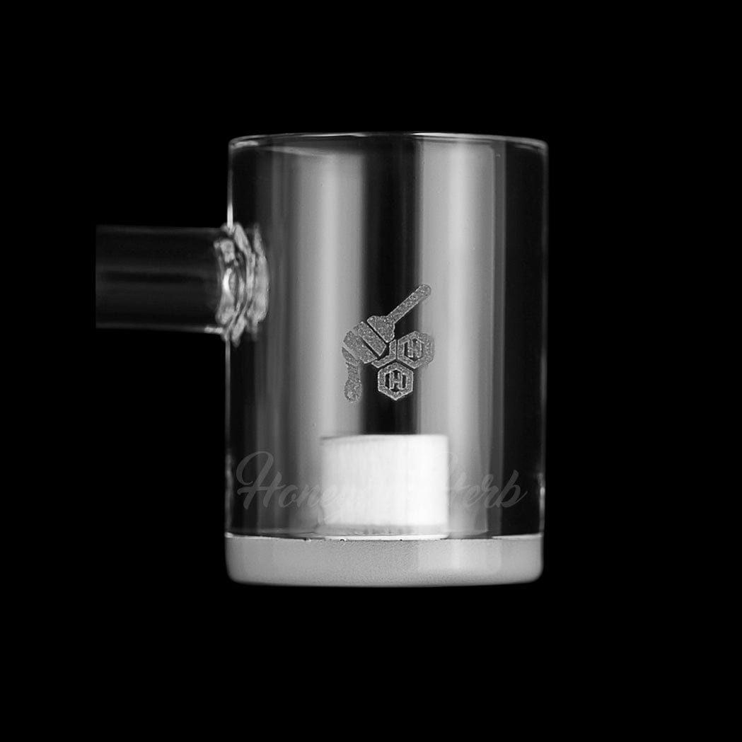 A studio shot of the HONEY & MILK CORE REACTOR SIDECAR QUARTZ BANGER, displaying its 90-degree angled quartz insert.