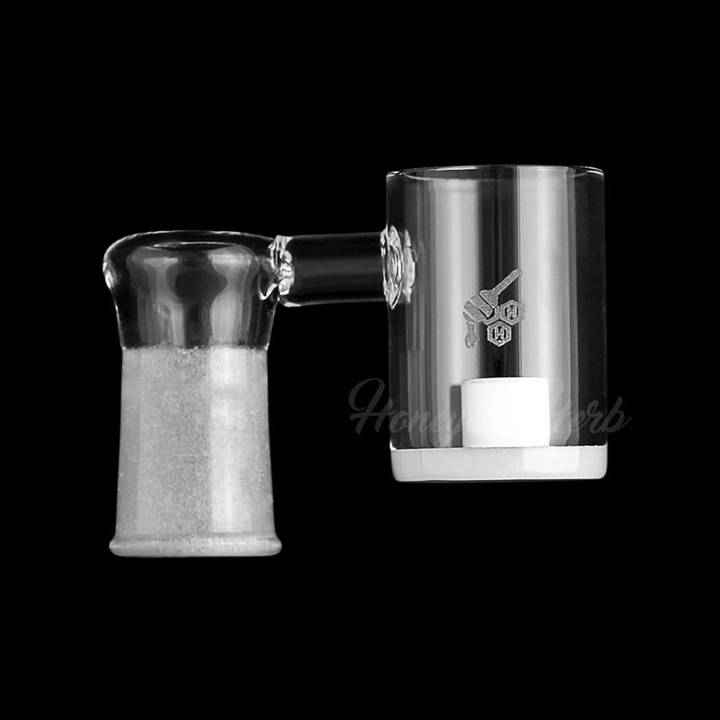 A three-quarter view of the HONEY & MILK CORE REACTOR SIDECAR QUARTZ BANGER, displaying its clear glass construction and 90-degree angle.