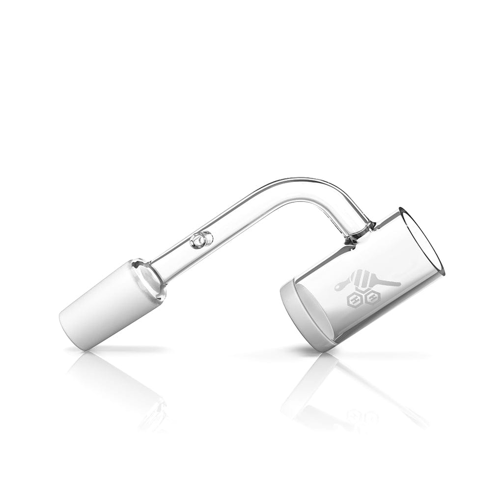 Angled side view of the HONEY & MILK ENAIL QUARTZ BANGER - 90Â° DEGREE | YL showing its curved clear quartz arm, frosted 14mm male joint, and reflective white background