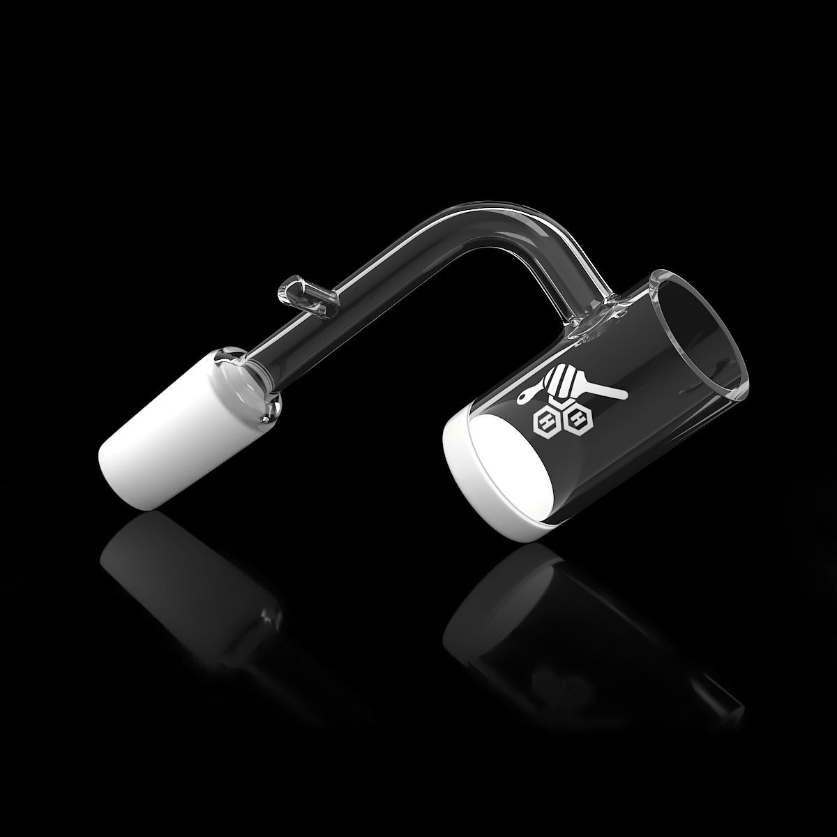 Angled close-up of the HONEY & MILK ENAIL QUARTZ BANGER - 90Â° DEGREE | YL showing its clear 90-degree glass arm and white-tipped quartz cup against a black reflective background