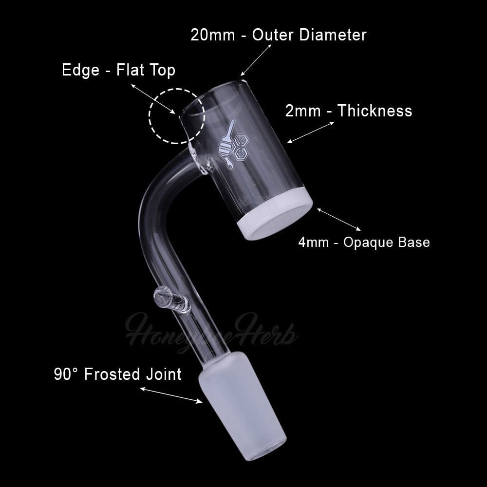 Angled close-up of the HONEY & MILK ENAIL QUARTZ BANGER - 90Â° DEGREE | YL showing its curved neck, clear quartz cup with opaque white base and frosted 90° joint against a black background