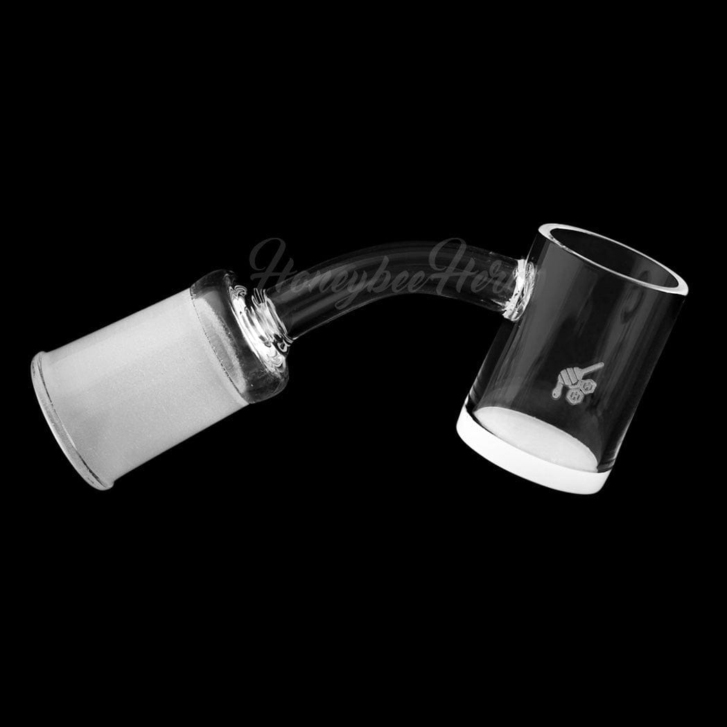 A 45-degree angled view of the HONEY & MILK QUARTZ BANGER, showcasing its clear quartz construction and unique shape.