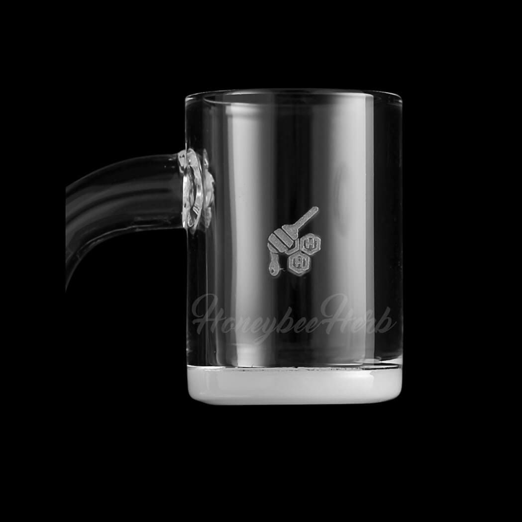 Front view of the Honey & Milk Quartz Banger - 90° Degree, a clear, angled glass insert for vaporizing concentrates.